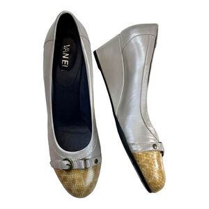 Vaneli Women's Cap Toe Slip On Pumps Wedge Heels Shoes Ivory White Gold Size 6.5